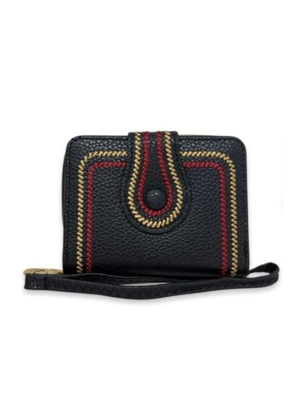 Black Vegan Leather Bifold Wallet With Red & Gold Stitch Detail Snap & Zipper